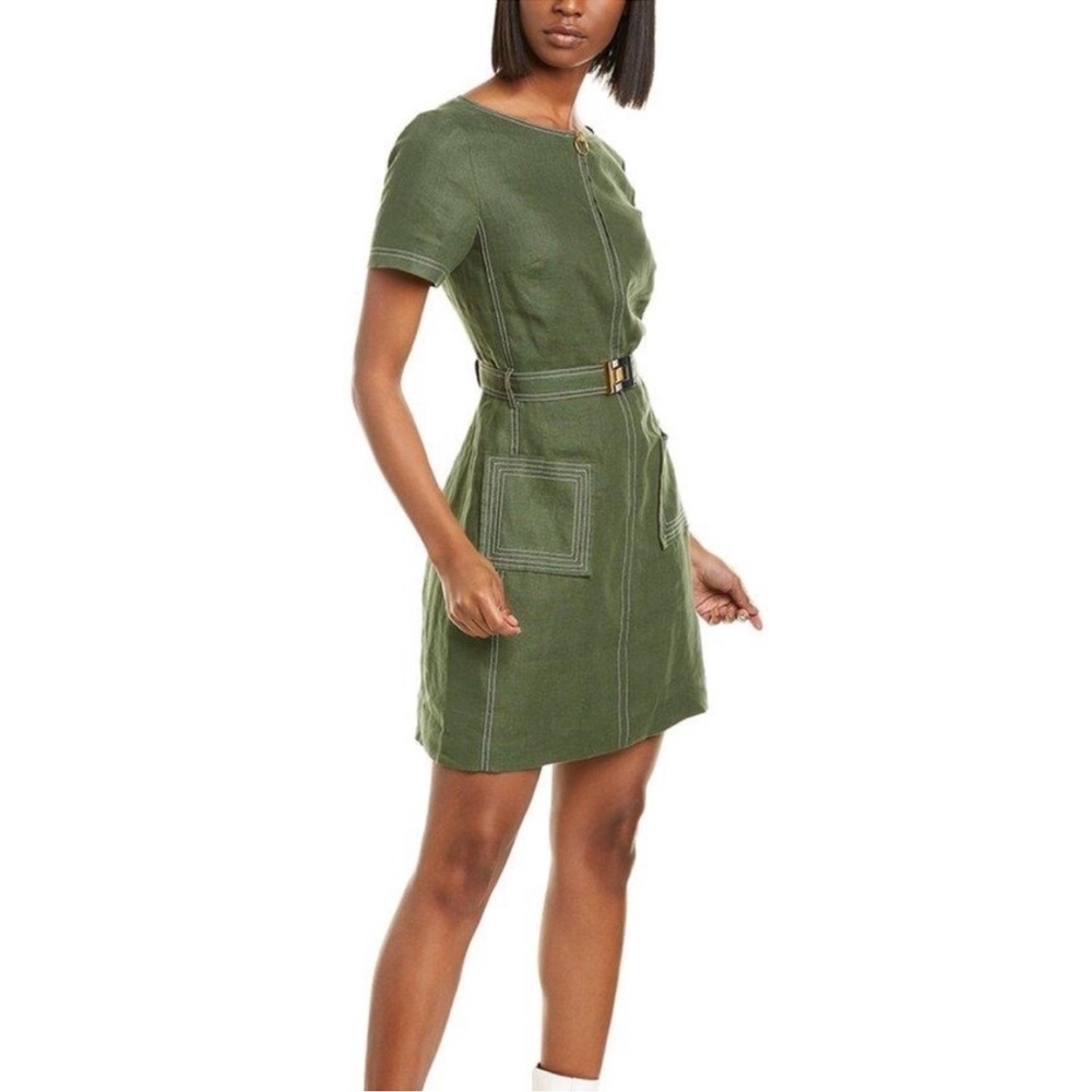 Tory Burch Zip Front Belted Linen Dress in Equestrian Green | Size 0